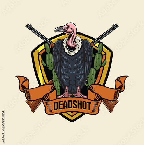Canvas-taulu Vintage detailed hand-drawn circular shield emblem of a perched vulture with cro