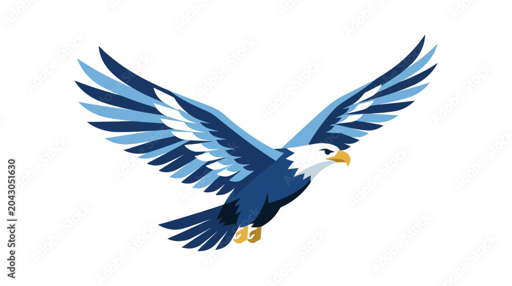Fototapeta premium Bald eagle flying with wings spread against white background.