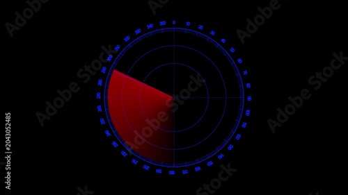 Military radar screen with red sweeping beam and blue coordinate scale rotating on black background