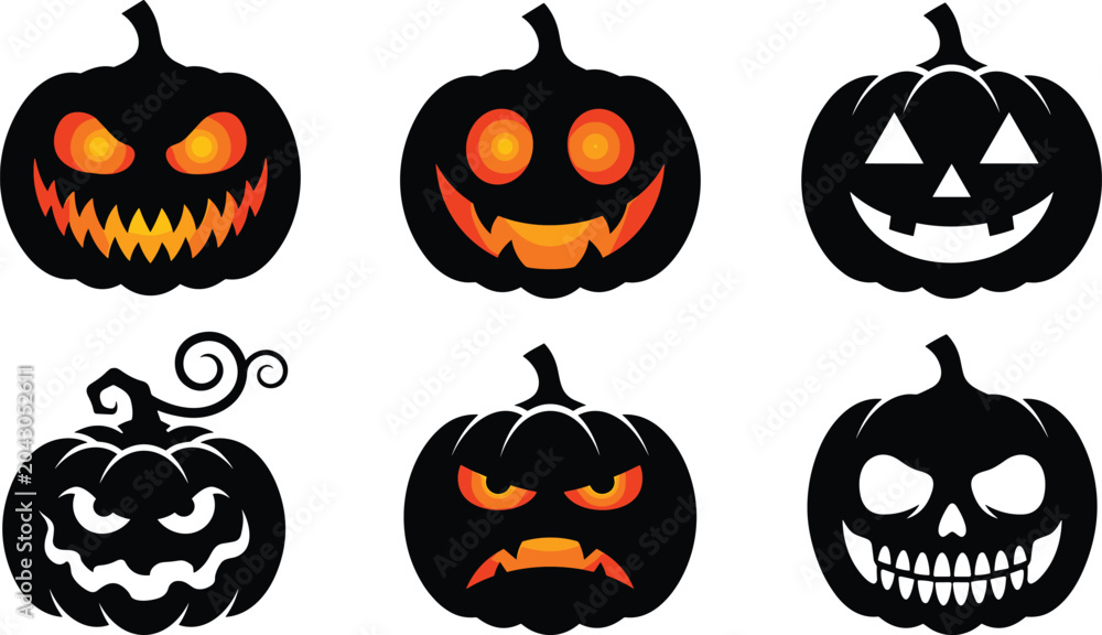 Obraz premium Set of scary Halloween pumpkin icons, Jack-o'-lantern silhouettes with glowing eyes and spooky faces in image_9bcf15