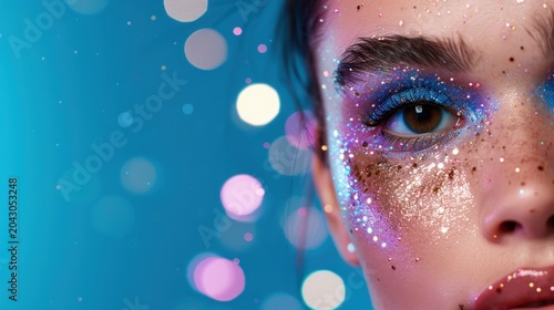Close-Up of a Woman's Eye with Sparkling Glitter Makeup and Colorful Bokeh on a Blue Background
