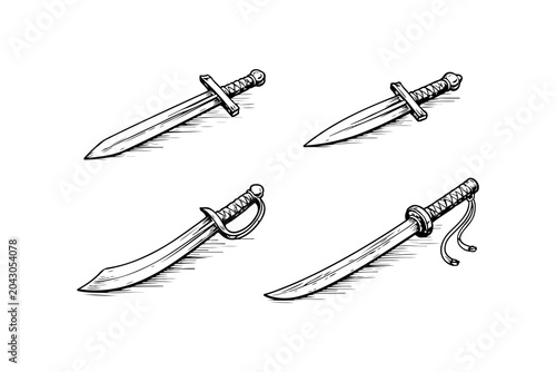 Vászonkép Simple hand drawn sword sketch set, engraved steel blade illustration clip art