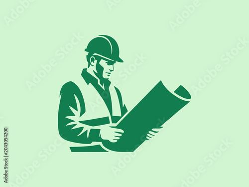 Green silhouette of a male construction worker wearing a hard hat and safety vest, studying architectural plans. Symbolizes planning, engineering, and development.