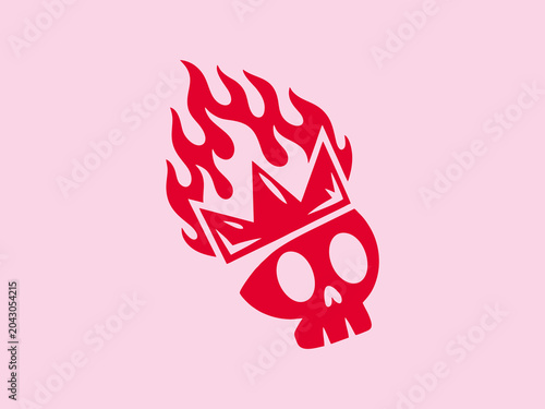 A vibrant red vector graphic of a skull wearing a crown and engulfed in flames, symbolizing rebellion, danger, and alternative culture.
