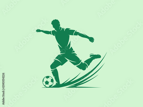 Dynamic green silhouette of a soccer player in action, kicking a ball with motion lines, symbolizing sports, competition, and healthy lifestyle.