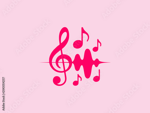 Abstract pink vector illustration combining a treble clef, musical notes, and a sound wave, symbolizing music, melody, rhythm, and audio.