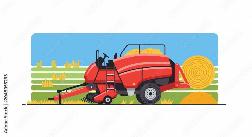 Naklejka premium Red baler compacting hay into round bales in a field