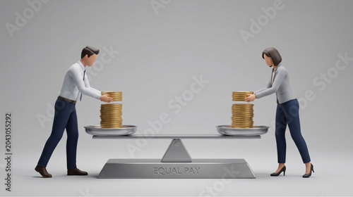 A minimalist 3D rendering of a male and female office worker in formal attire placing matching stacks of gold coins on a silver balance scale with Equal Pay engraved on the base.