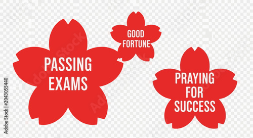 Red cherry blossom shapes with white text 
