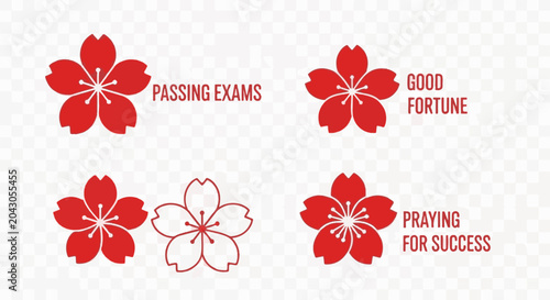 Red cherry blossoms symbolize good fortune, passing exams, and success