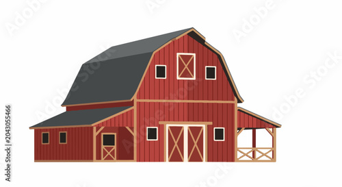 Red barn with dark roof, porch, and white cross-patterned doors and windows