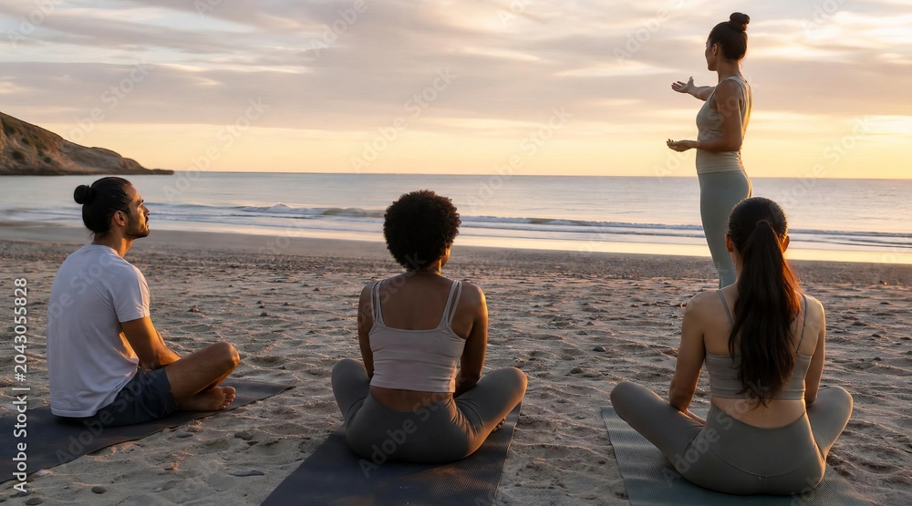 Fototapeta premium Group yoga class on beach at sunrise
