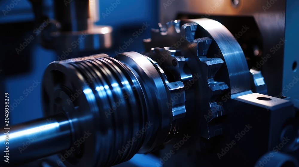 Fototapeta premium Cnc machine tool producing precision metal gears and components for engineering, automation, and industrial production, highlighting technological advancement and efficiency