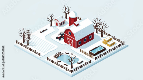 Schilderij op canvas Snowy farm scene with red barn house.