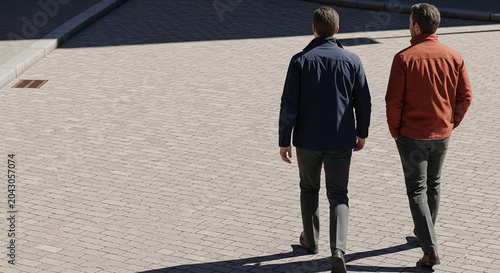 Two men walk away from the camera on a paved surface, showcasing casual outerwear and trousers, representing modern lifestyle and fashion