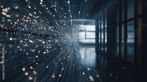 Digital data streams transmitting with illuminated particles creating a futuristic abstract background, representing technology, communication, and connectivity in a modern dark setting