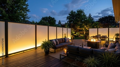 Illuminated backyard wooden deck with modern privacy screen and comfortable lounge furniture at night. Cozy evening area with fire pit and landscape garden lighting for relaxation.