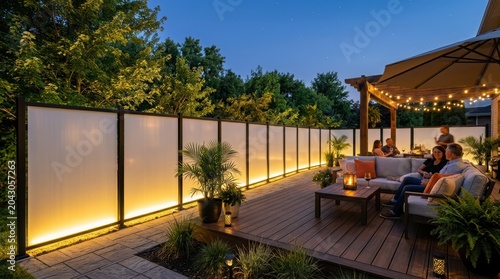 Groups of man and woman relaxing on deck at night. Illuminated privacy fence bordering modern patio and backyard garden. Evening social gathering with outdoor lighting and decor.