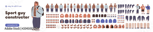 Sport man character constructor kit, body animation set. Young male in sporty...