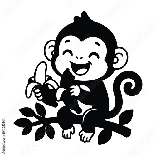 Photography Cute baby monkey sitting on a tree branch and eating a banana silhouette vector