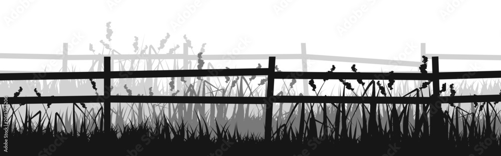 Obraz premium Meadow silhouettes with grass and old wooden fence. Countryside, panoramic summer lawn rural landscape with herbs, weeds. Herbal border, frame element. Black horizontal banners. Vector illustration