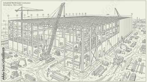 Architectural Blueprint of a Large Industrial Building Under Construction.
