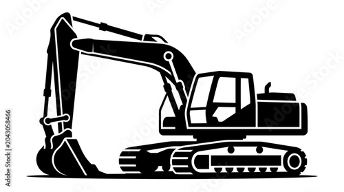 Canvas-taulu Black and White Silhouette of an Excavator on Tracks.