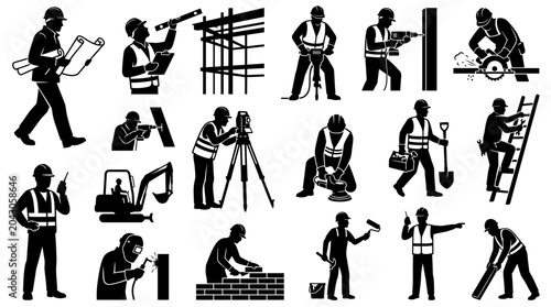 Fotografie Collection of Construction Worker Silhouettes Engaged in Various Tasks