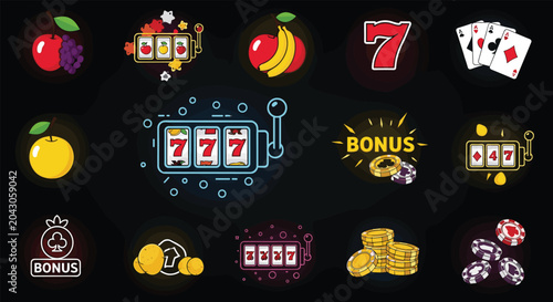 Set of vibrant casino icons featuring slot machines lucky sevens fruit symbols playing cards and shiny gold coins.