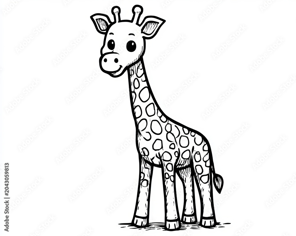 Obraz premium Whimsical Giraffe Sketch, Simple Linear Cartoon Animal Illustration, Fun Playful Design Element.
