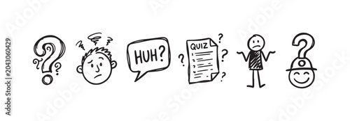 Foto Hand-drawn icons symbolizing confusion, questions, uncertainty, and seeking answ