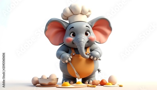 Adorable Cartoon Baby Elephant Chef Cooking Eggs 3D Render Illustration