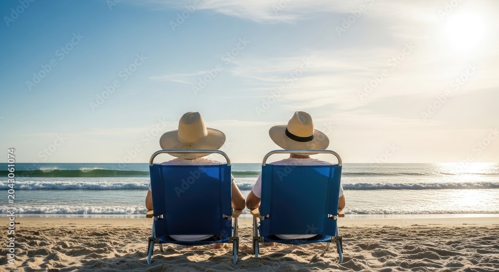 Fototapeta premium Relaxing summer vacation couple enjoying beach view in lounge chairs with straw hats