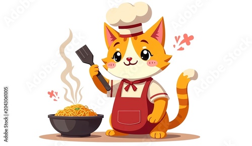 Cute Cartoon Cat Chef Character Eating Noodle Ramen with Chopsticks Illustration