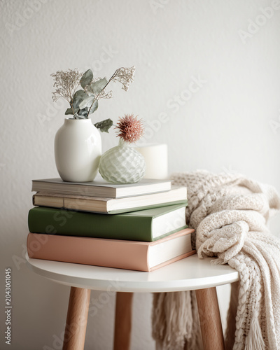 Minimalist home decor with stacked books and dried flowers in vases on wooden stool with soft knitted throw interior.