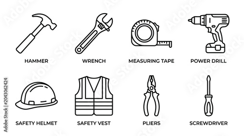 Foto Essential construction and DIY tools with safety gear, line art icons