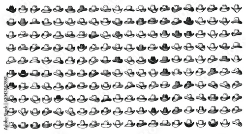 Large grid collection of various cowboy hats in different styles and angles shown as black and white illustrations for western theme icons.