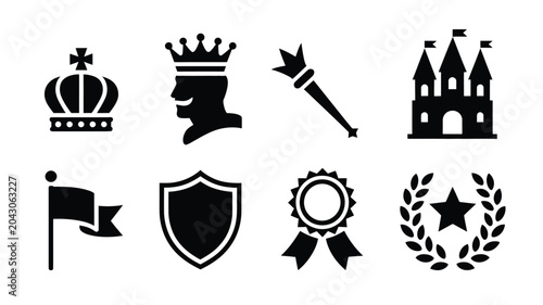 Photos Heraldic royal kingdom icons set featuring crown king profile shield castle and flag icons