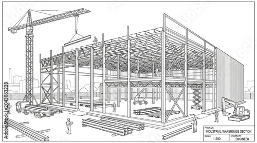 Industrial Building Construction Site with Crane and Steel Frame.