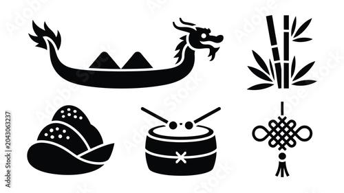 Traditional dragon boat festival icons with bamboo plant drum knot and rice dumpling set.