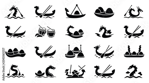 Creative dragon boat festival graphics set with stylized waves rowing and rice dumplings.