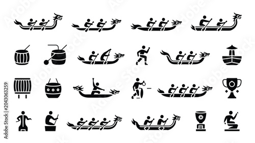 Comprehensive collection of dragon boat racing silhouettes and winner trophy championship.