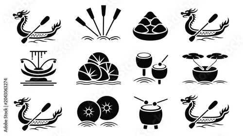 Quadro su tela Dragon boat race festival elements with paddles drums and rice dumplings