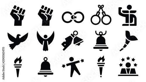 Fotografía Black silhouette symbols of peace freedom and victory including dove bell and raised fist
