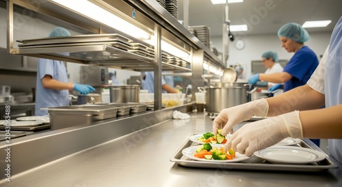 Healthcare workers preparing meals in hospital kitchen