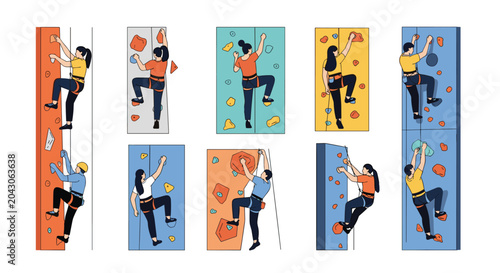 Various people practicing rock climbing on different indoor colorful climbing walls with safety harnesses for athletic recreation and sport.