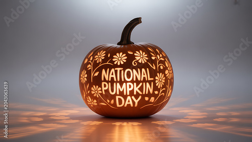 Carved pumpkin with 'National Pumpkin Day' text illuminated from within, set on a reflective surface