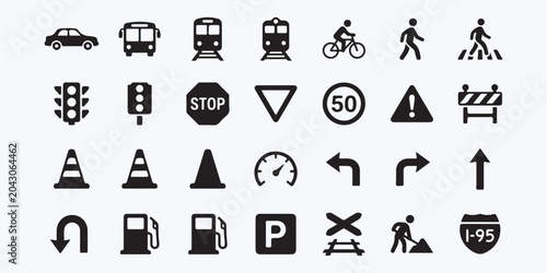 Black and white traffic road signs and symbols icons set