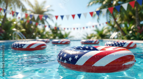American flag inflatable floats drifting across a sunlit swimming pool surrounded by colorful bunting and tropical greenery, celebrating freedom, fun and patriotic holiday spirit
