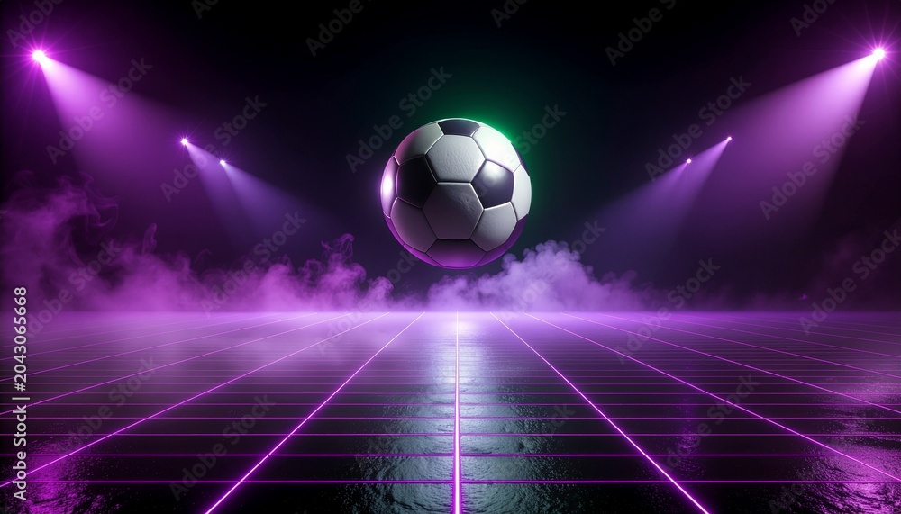 Naklejka premium Floating soccer ball illuminated by purple neon lights and dramatic smoke in a futuristic sports arena.